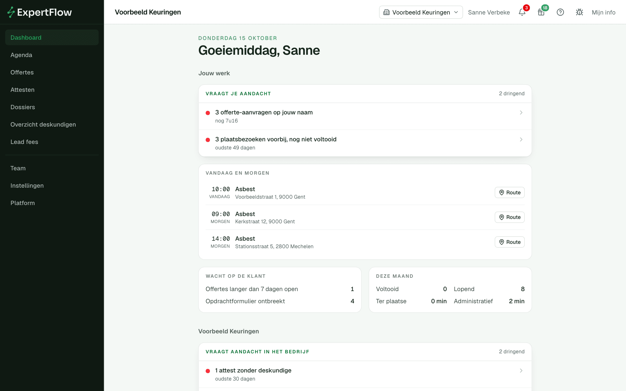 Het dashboard van ExpertFlow met wat vandaag aandacht vraagt en de plaatsbezoeken van vandaag en morgen